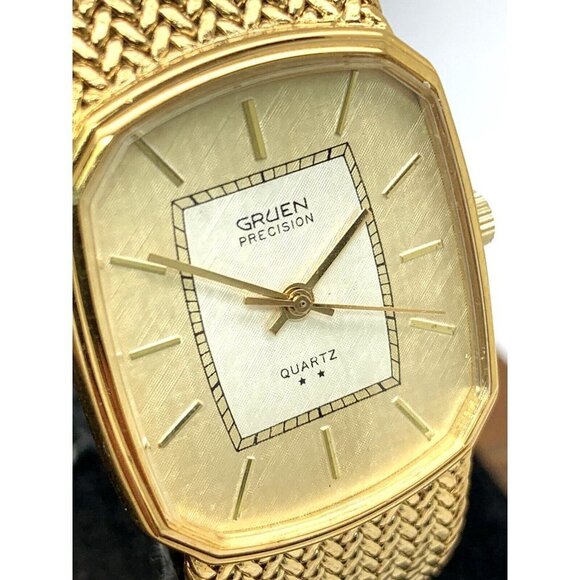 Gruen Unisex Watch 2 Star Quartz Gold Dial Rectangular Mesh Stainless St… - Picture 11 of 12